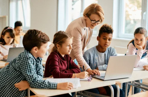 Teacher using EducationBeing resources for classroom management and student support